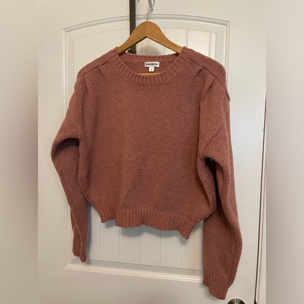 NWT VIGOSS Pleated Sleeve Crop Crew Neck Pink Mauve Sweater W Sz Lg